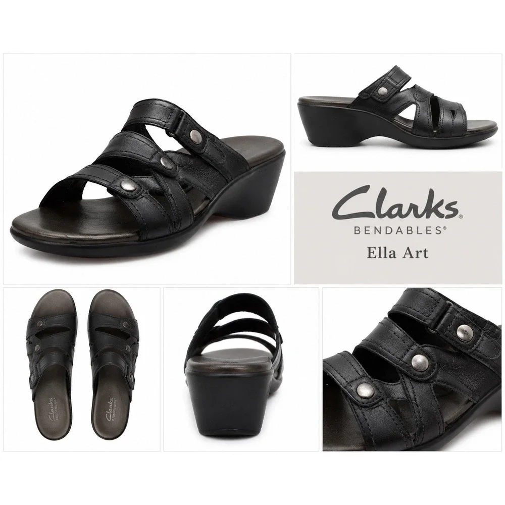 Clarks Bendables Black Leather Wedge Slide Sandals Womens 9.5‎ M comfort